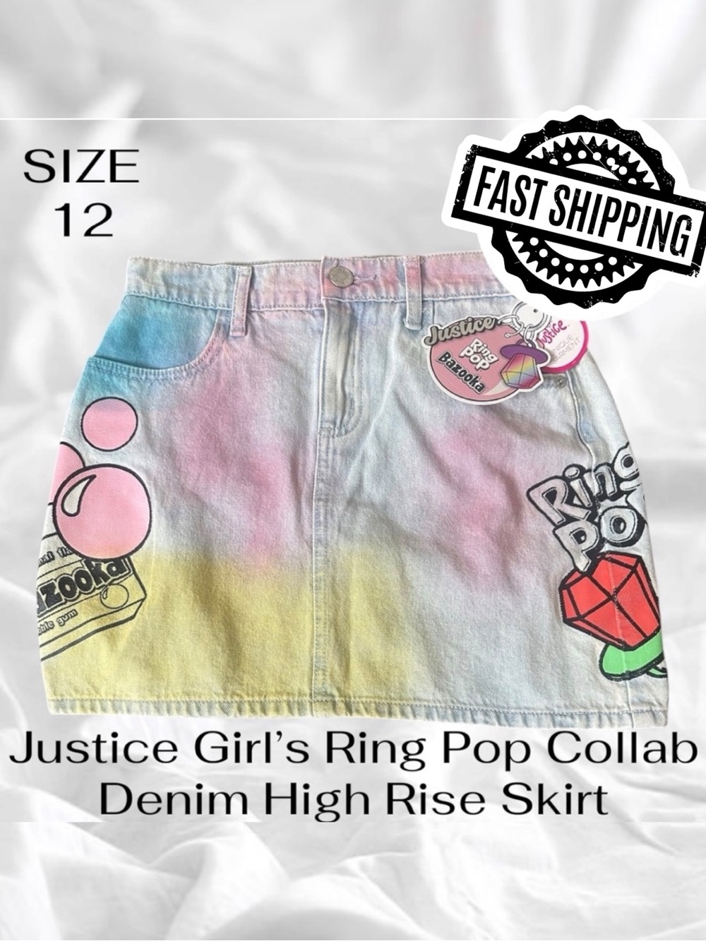 Justice Girls Ring Pop Collab Denim Skirt Size 12 High Rise Skirt FAST SHIPPING